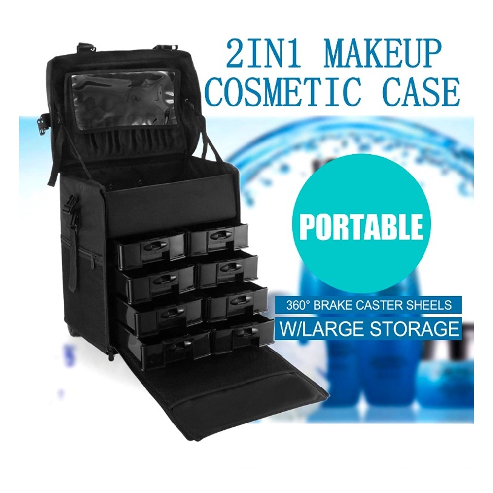 2 in 1 Makeup Case Rolling Train Box with drawers